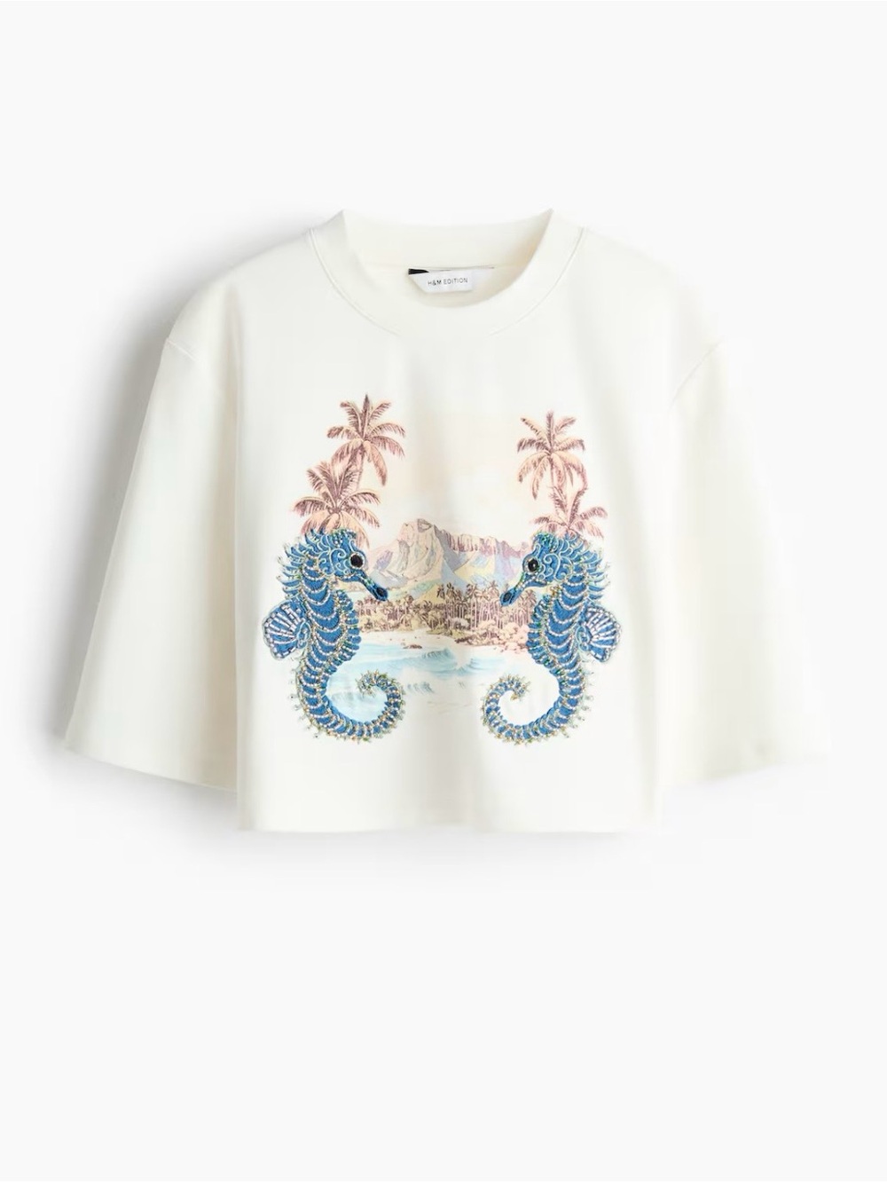 H&M Edition Size L Embellished Cropped T-Shirt(white/seahorses) NWT - Picture 6 of 10